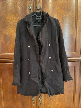 Rachel Zoe Black Frayed-Edge Double-Breasted Blazer